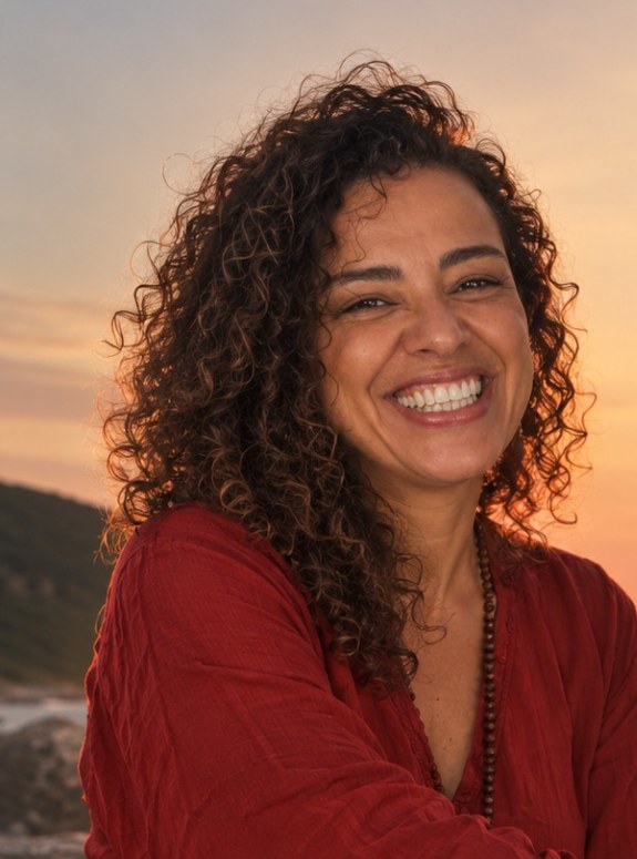 Marcelle Portocarrero, nutricionista, sentada ao ar livre ao pôr do sol