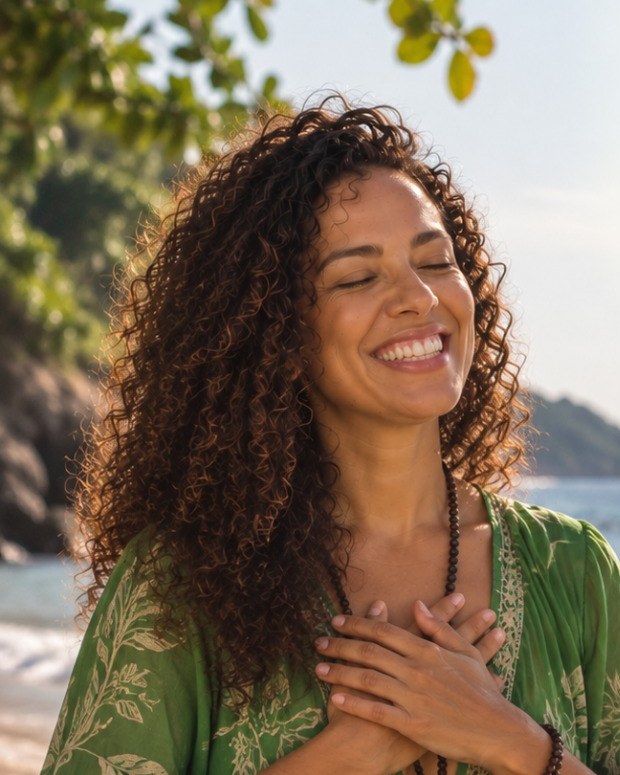 Marcelle Portocarrero com as mãos sobre o coração, em ambiente natural